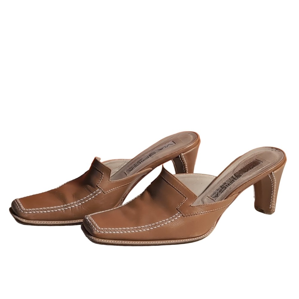 Via Spiga Square Toe Mule Heels Tan Leather Made in Italy Women's 6M